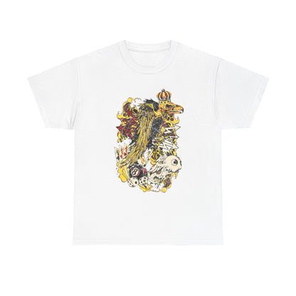 Elevate your style with this luxurious graphic tee showcasing a majestic crowned raven amidst vibrant gambling symbols and mythical creatures, perfect for those who dare to express their individuality.