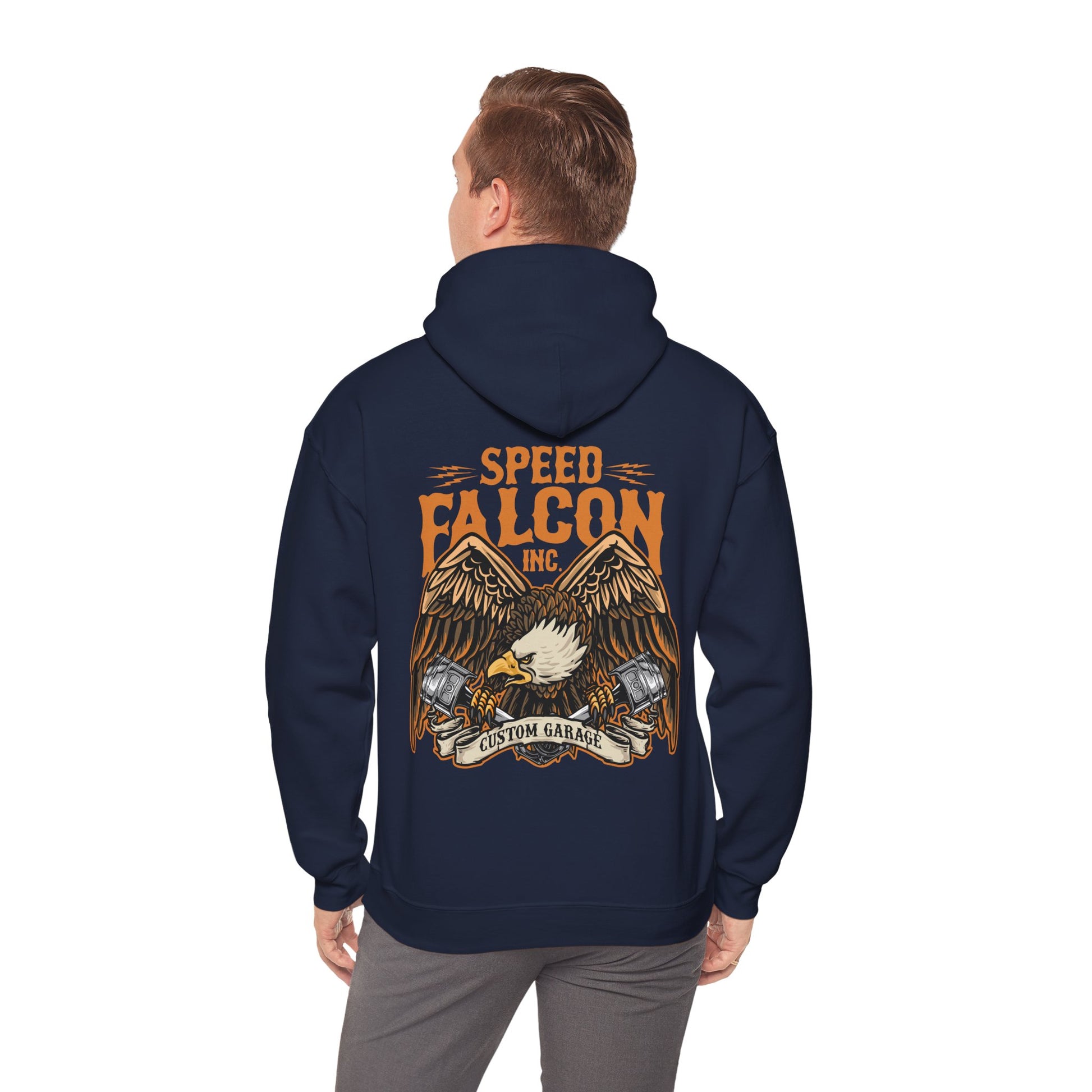 Model showcasing a luxurious navy hoodie with detailed eagle artwork and 'Speed Falcon Inc' branding on the back, perfect for fashion-forward individuals.