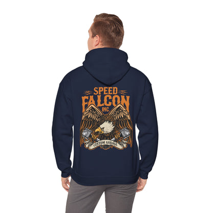 Model showcasing a luxurious navy hoodie with detailed eagle artwork and 'Speed Falcon Inc' branding on the back, perfect for fashion-forward individuals.