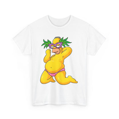 Homer Simpson Unisex Cotton Tee - Graphic T-Shirt featuring a whimsical caricature of Homer in a playful pose, adorned with tropical greenery and polka-dotted swimwear, celebrating comedy and casual style.