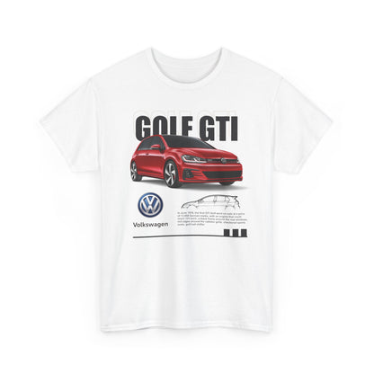 Men's Volkswagen Golf GTI T-shirt featuring bold graphic of the iconic red GTI car, designed for automotive enthusiasts, in pure white fabric.