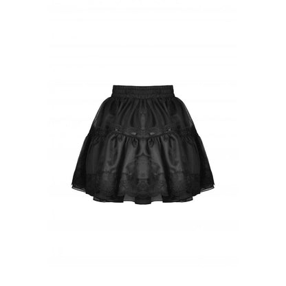 Model wearing the Gothic Dark In Love mini skirt styled with heels, highlighting its voluminous flirty silhouette perfect for evening wear.