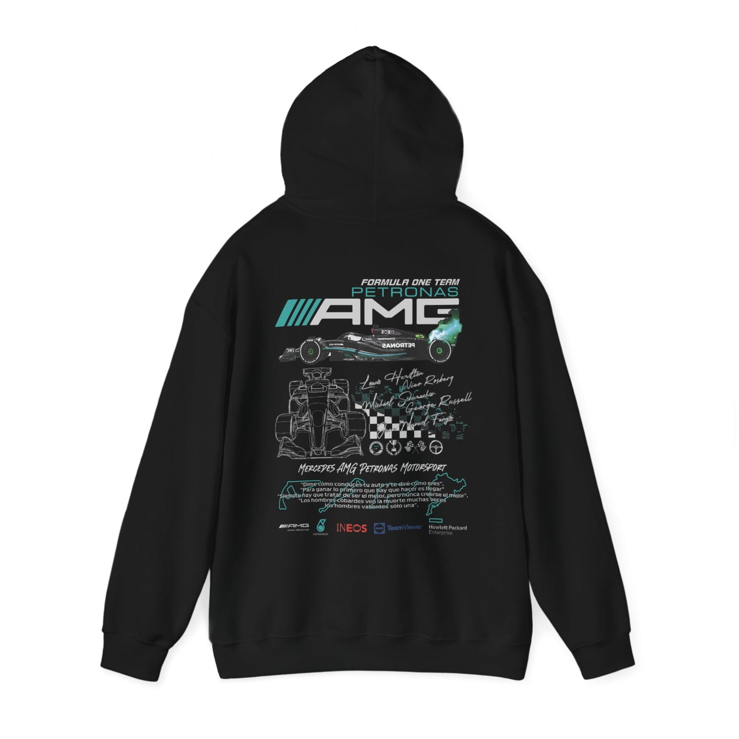 Stylish black hoodie featuring a striking back print of the Mercedes AMG Petronas F1 racing team, combining bold graphics with luxury appeal, ideal for race fans.