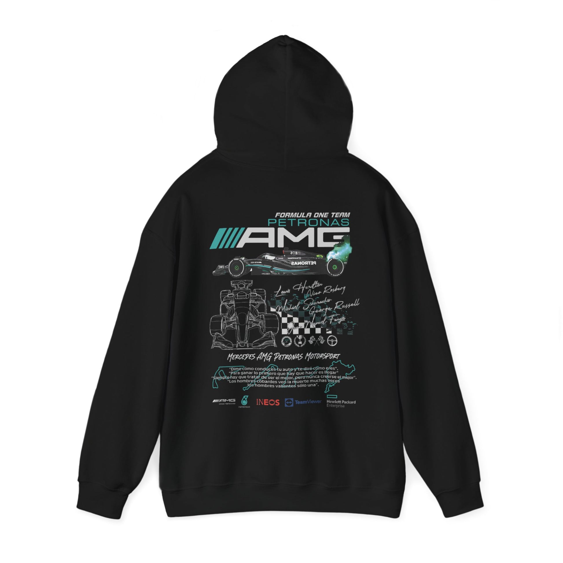 Stylish black hoodie featuring a striking back print of the Mercedes AMG Petronas F1 racing team, combining bold graphics with luxury appeal, ideal for race fans.