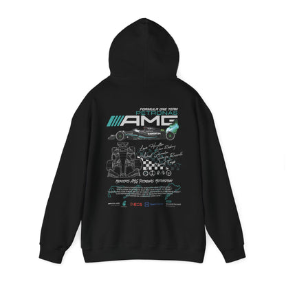 Stylish black hoodie featuring a striking back print of the Mercedes AMG Petronas F1 racing team, combining bold graphics with luxury appeal, ideal for race fans.