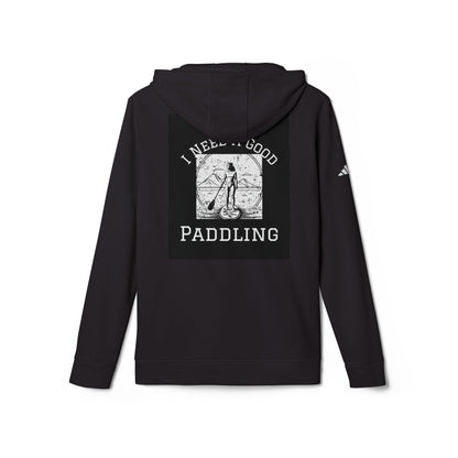 Back view of Adidas Women’s Fleece hoodie showcasing 'I Need a Good Paddling' design. Perfect for paddleboard enthusiasts, crafted in luxurious black fabric.