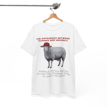 Stylish white t-shirt presented on a stylish hanger, featuring a satirical design of a sheep in a cap, a statement piece for the modern, fashion-conscious individual.