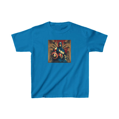 Kids Captain America Heavy Cotton T-Shirt in vibrant blue, adorned with an iconic Captain America graphic, designed for heroic young imaginations.