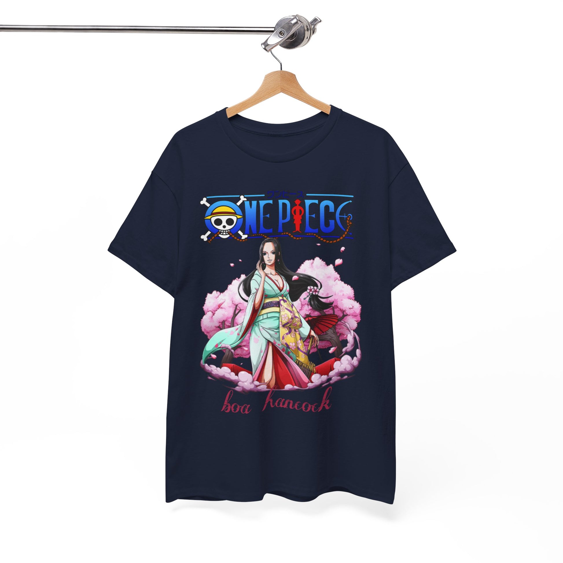 Sophisticated presentation of a navy t-shirt designed with the iconic 'One Piece' logo and an enchanting illustration of Boa Hancock, blending charm and elegance.