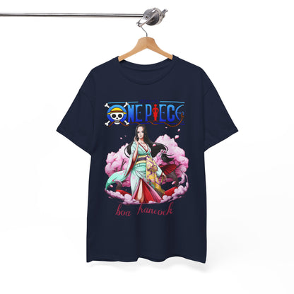 Sophisticated presentation of a navy t-shirt designed with the iconic 'One Piece' logo and an enchanting illustration of Boa Hancock, blending charm and elegance.