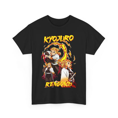 Luxurious black t-shirt featuring an intricate graphic of Kyojuro Rengoku from Demon Slayer, showcasing vibrant flames and dynamic poses, perfect for anime enthusiasts.