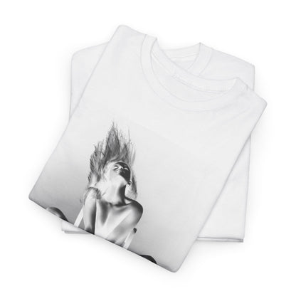 Luxurious graphic t-shirt featuring a captivating monochrome artistic silhouette, elegantly layered to provide a sophisticated streetwear aesthetic.