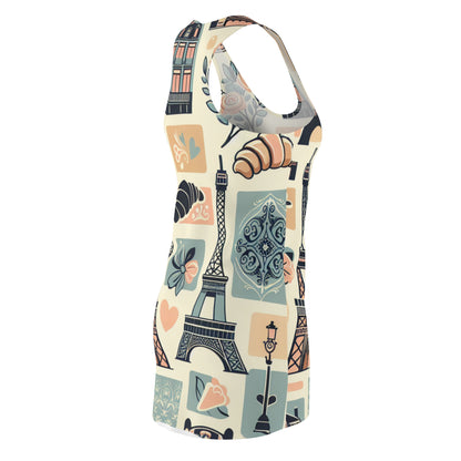 Fashion model wearing Valentina Bordeaux Paris Dress - Stylish pastel racerback with iconic Eiffel Tower design, embodying Parisian chic.