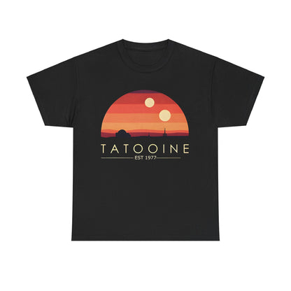 Tatooine Graphic Unisex Tee Shirt showcasing a stunning sunset design with two suns, established in 1977. Crafted from premium soft fabric, perfect for luxury casual wear.