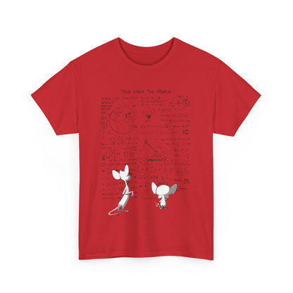 Pinky And The Brain Graphic T-Shirt: Vibrant red unisex cotton tee showcasing the iconic duo, Pinky and the Brain, surrounded by whimsical doodles and scientific symbols, an exquisite addition to any luxury casual wardrobe.