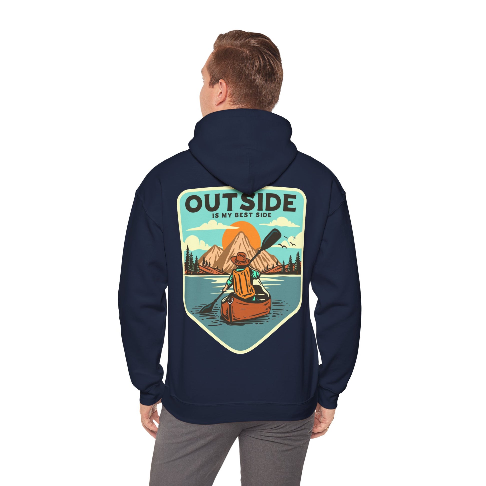 Discover a premium hoodie in navy, showcasing a captivating kayaker illustration behind an inspiring message, epitomising luxury and a passion for the outdoors.