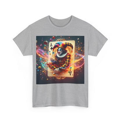 Front view of a grey Unisex Harlequin Playing Card Graphic Tee adorned with a bold playing card graphic, merging classic charm with contemporary elegance.