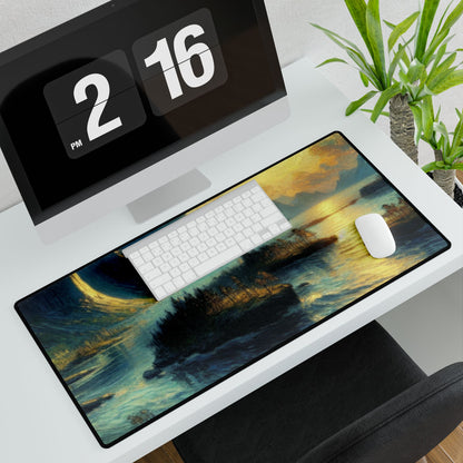 Munchian Euphoric Whimsy Desk Mat displayed on a modern desk, showcasing its artistic design alongside a keyboard and mouse, enhancing office productivity with style.