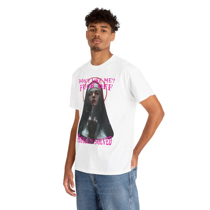 Stylish man modeling a white T-shirt with an edgy graphic design of a nun, showcasing a bold statement about individuality and confidence.