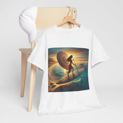 Lifestyle shot of the Delightfull Paddle Board T-Shirt by Dazzling Dreams Studio, demonstrating its versatility for both outdoor adventures and casual wear.