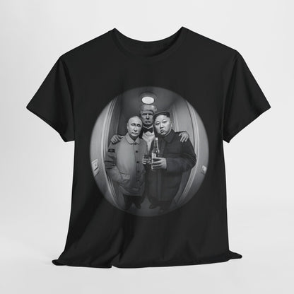 Luxury graphic t-shirt featuring a black and white fisheye lens perspective illustration of well-known global leaders in a light-hearted, humorous pose, ideal for versatile fashion.
