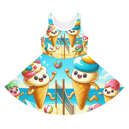 Lorelei Blossom Girls Sundress by Dazzling Dreams Studio - A vibrant and playful cartoon design featuring whimsical ice cream and beach volleyball graphics, perfect for summer adventures and stylish outings.