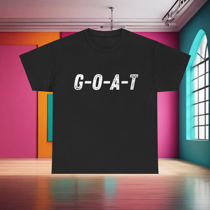 Greatest of All Time GOAT Graphic T-Shirt in classic black, featuring striking GOAT lettering against a vibrant backdrop for a trendy urban aesthetic.