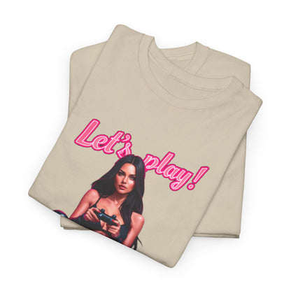Trendy folded unisex t-shirts featuring an eye-catching 'Let's play!' design, a perfect statement piece for any modern gamer.