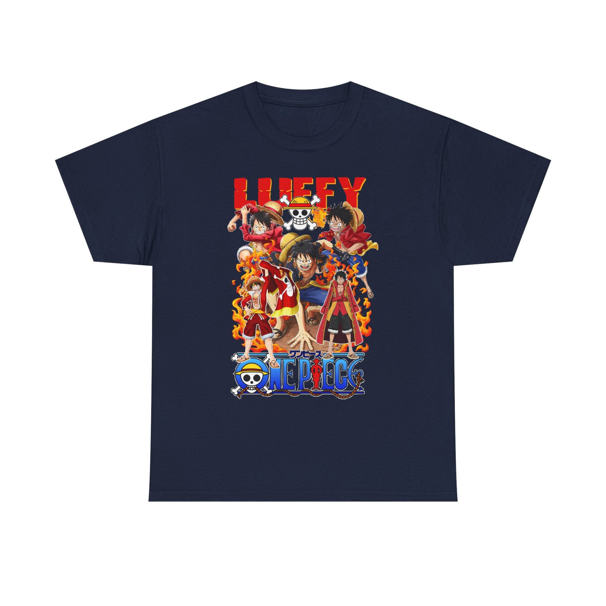 Luxury Epic 1 Piece Men’s T-Shirt in navy featuring a dazzling anime character graphic, a sophisticated choice for fans of high-quality fashion.