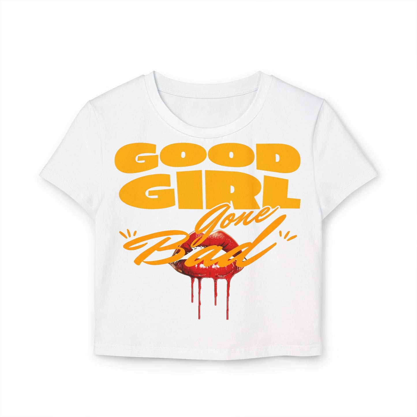 Luxurious women's cropped tee featuring the bold statement 'Good Girl Gone Bad' in vibrant orange-yellow letters, complemented by a striking graphic of luscious red lips dripping with allure. Perfect for a chic, playful look.