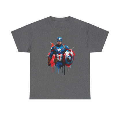 Stylish Captain America Graphic Tee in charcoal grey, displaying a captivating comic illustration of Captain America holding his shield, embellished with dynamic splashes of red. Unisex cotton t-shirt for fashionable superhero fans.