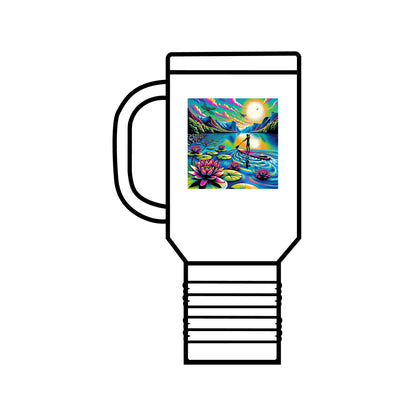 Fantasy Paddleboarding 40Oz Insulated Travel Mug in pristine white showcasing a vibrant paddleboarding scene with intricate lotus flowers, ideal for stylish outdoor enthusiasts.