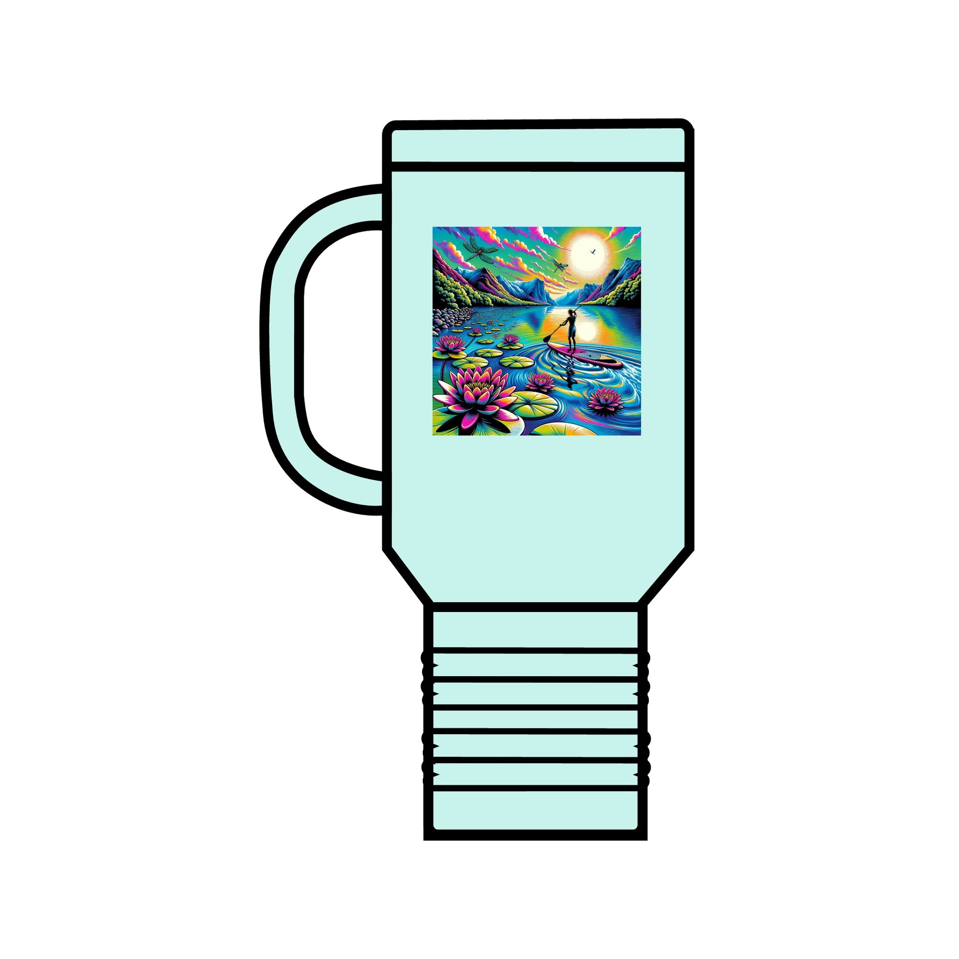 Fantasy Paddleboarding 40Oz Insulated Travel Mug in stylish mint green, showcasing an enchanting paddleboarding artwork with lotus flowers, ideal for luxury travel experiences.