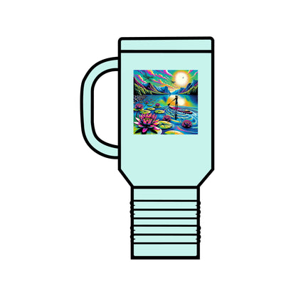 Fantasy Paddleboarding 40Oz Insulated Travel Mug in stylish mint green, showcasing an enchanting paddleboarding artwork with lotus flowers, ideal for luxury travel experiences.