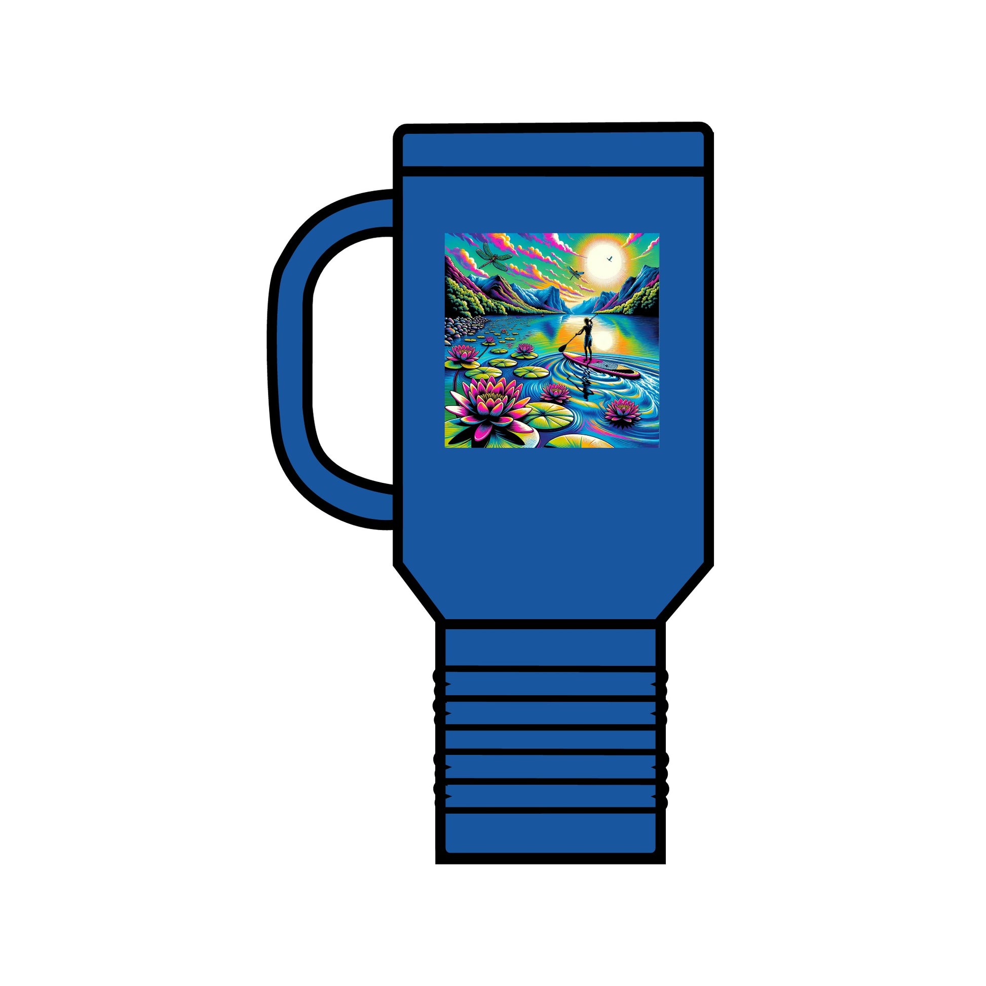 Fantasy Paddleboarding 40Oz Insulated Travel Mug in vibrant blue, featuring a whimsical design of a serene paddleboarding scene with lotus flowers, perfect for outdoor enthusiasm.