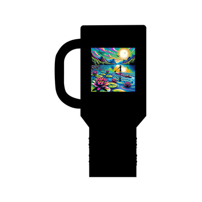 Sleek Fantasy Paddleboarding 40Oz Insulated Travel Mug in black, featuring a vibrant paddleboarding illustration with floral accents, ideal for hot and cold beverages.