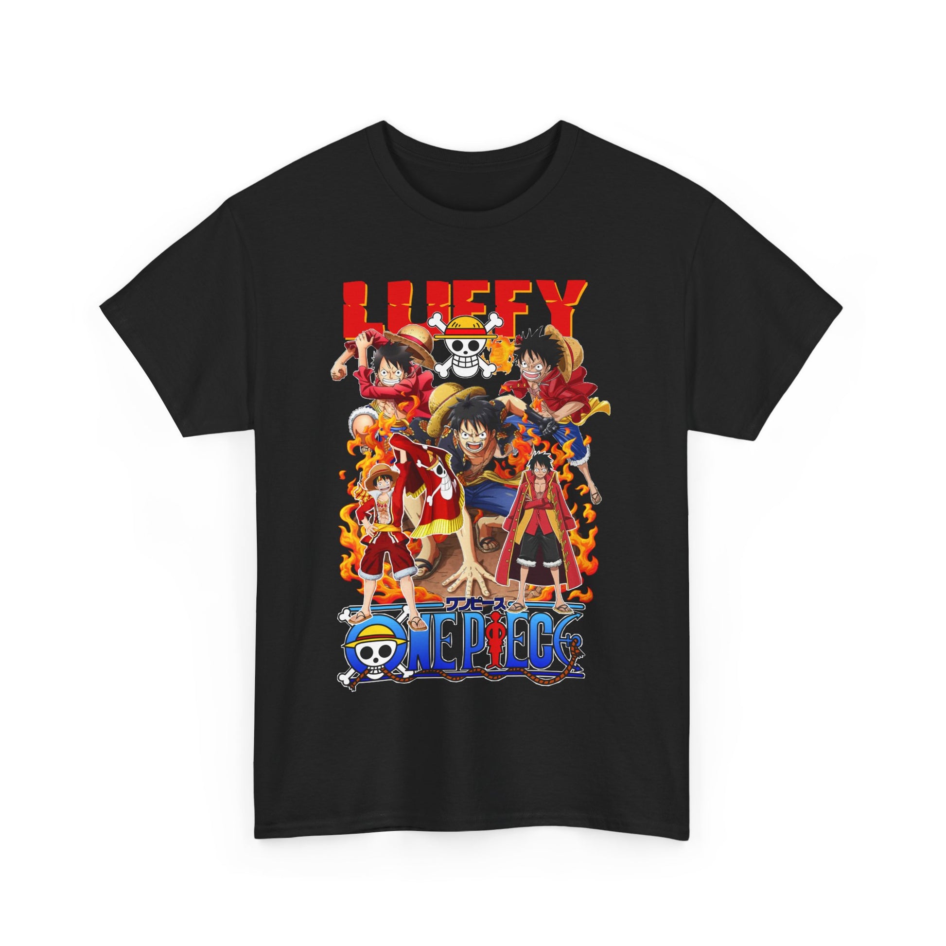 Chic black t-shirt adorned with striking illustrations of Luffy and his companions from One Piece, embodying the essence of friendship and adventure in a bold and captivating design.