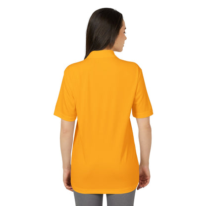 Back view of a vibrant orange Adidas Unisex Performance Polo Shirt crafted from 100% recycled polyester, featuring UPF 50+ protection for stylish outdoor activities.
