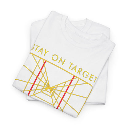 Stay On Target Star Wars Funny Graphic Unisex T Shirt elegantly folded, displaying the distinctive X-Wing targeting grid design in a luxe white fabric.