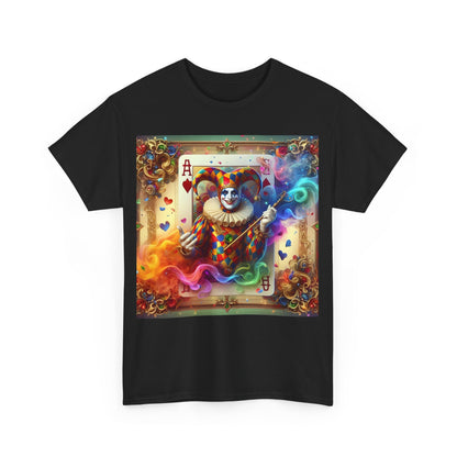 Harlequin Playing Card Graphic Tee featuring a striking clown design with vibrant colours, soft cotton blend, suitable for any occasion.