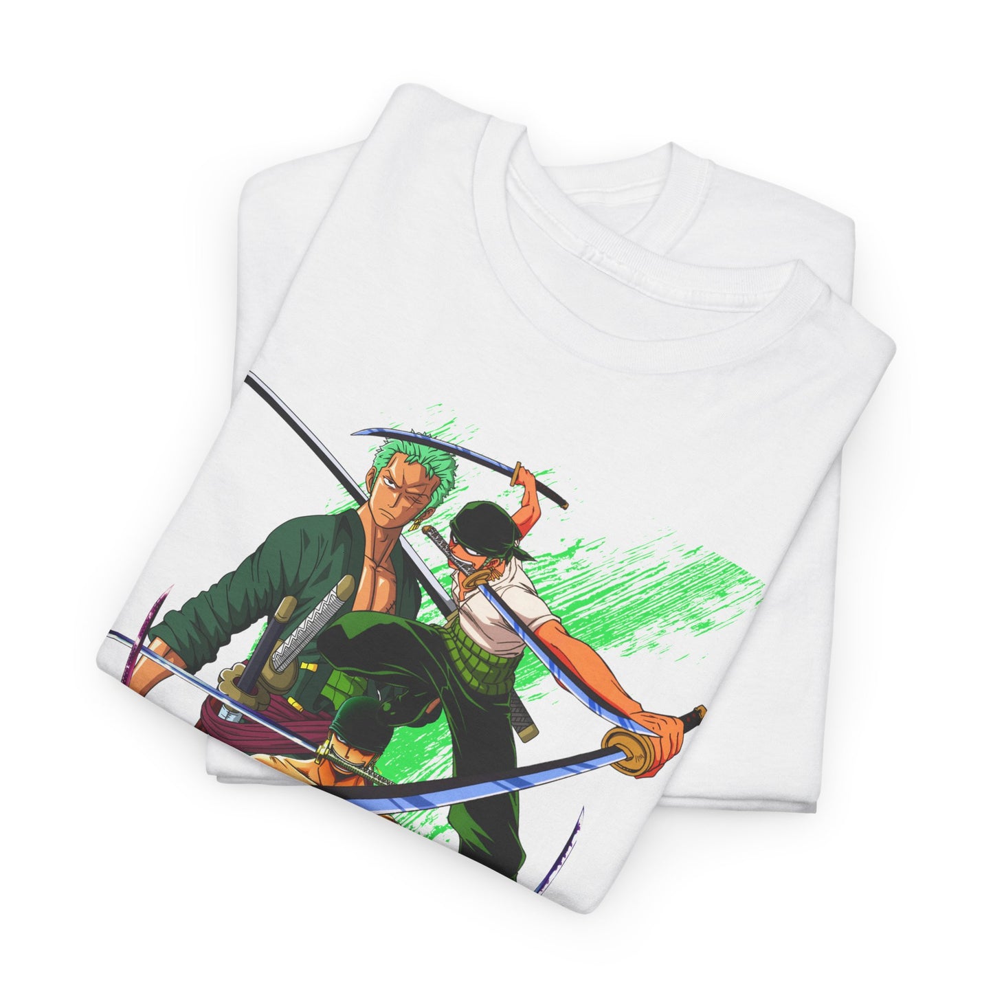 Luxurious folded One Piece Zoro t-shirts showcasing intricate graphic prints of beloved characters, perfect for any fashion-forward anime fan.