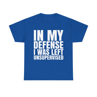In My Defense Graphic Tee Shirt in blue - Unisex 100% Cotton, stylish text design that embodies a cheeky spirit for the creative individual.
