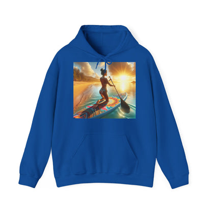Elegant Fantasy Paddleboarding Unisex Hooded Sweatshirt in blue with captivating paddleboarding imagery, embodying style and comfort for every adventure.