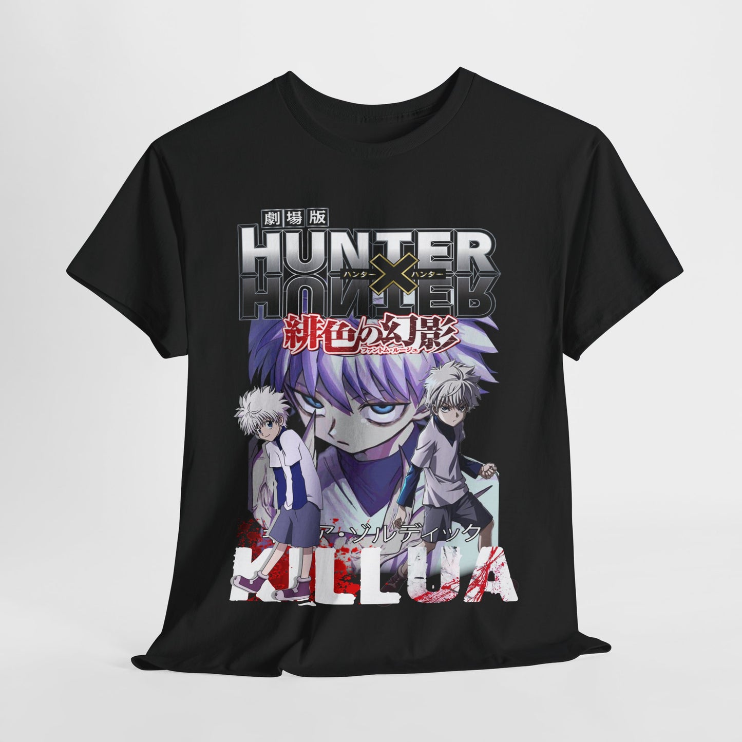 Luxurious black graphic t-shirt featuring iconic characters Killua and Gon from Hunter x Hunter, designed with vibrant colours and intricate detail, ideal for anime enthusiasts.