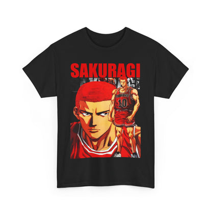 Chic black t-shirt showcasing a dynamic illustration of Sakuragi from Slam Dunk, exuding a fashionable flair perfect for anime and basketball aficionados.