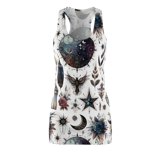 Front view of a Chic Women's Designer Racerback Dress adorned with stylish celestial and floral graphics, ideal for stylish summer occasions.