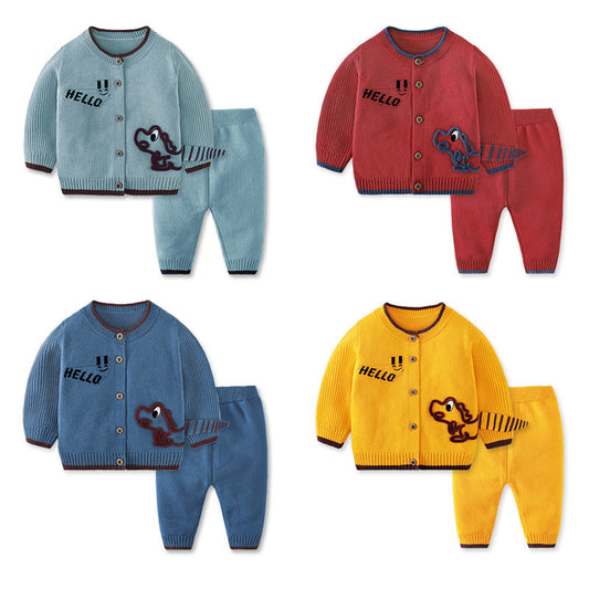Luxurious Children's Cardigan Suit featuring a stylish dinosaur design in four vibrant colours, perfect for baby outings.