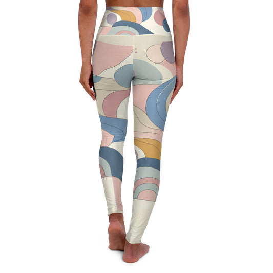 Elegant Abstract Pastel Leggings showcasing a luxurious contemporary design in soft blue, pink, lavender, and yellow, viewed from the back with artistic curves and flowing patterns.