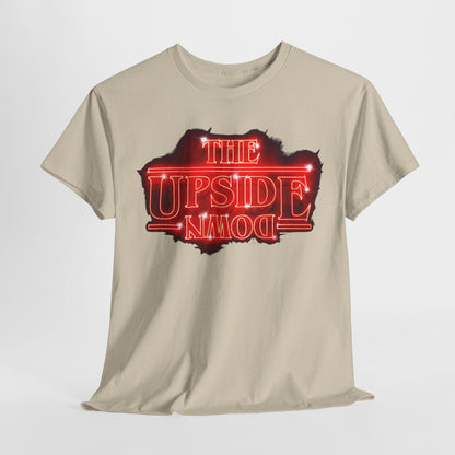 Premium unisex graphic t-shirt featuring the striking phrase 'THE UPSIDE DOWN' in glowing neon-red text, designed for fans of supernatural themes.