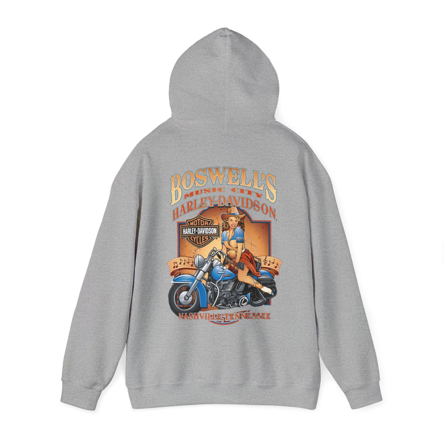 Elegant grey hoodie with a captivating back graphic of a pin-up girl on a motorcycle, adorned with Boswell's Music City and Harley-Davidson branding, perfect for those who appreciate vintage style and high quality.